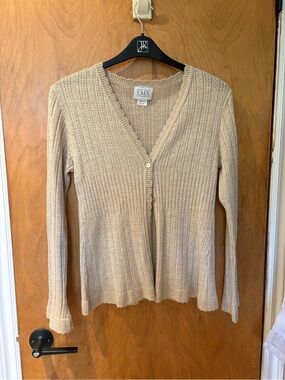 Women's Cream Ribbed V-Neck Button Cardigan Sweater